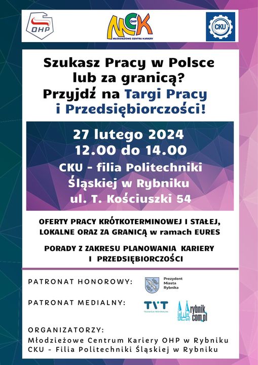 Plakat informacyjny o targach pracy w Rybniku w lutym 2024 r.